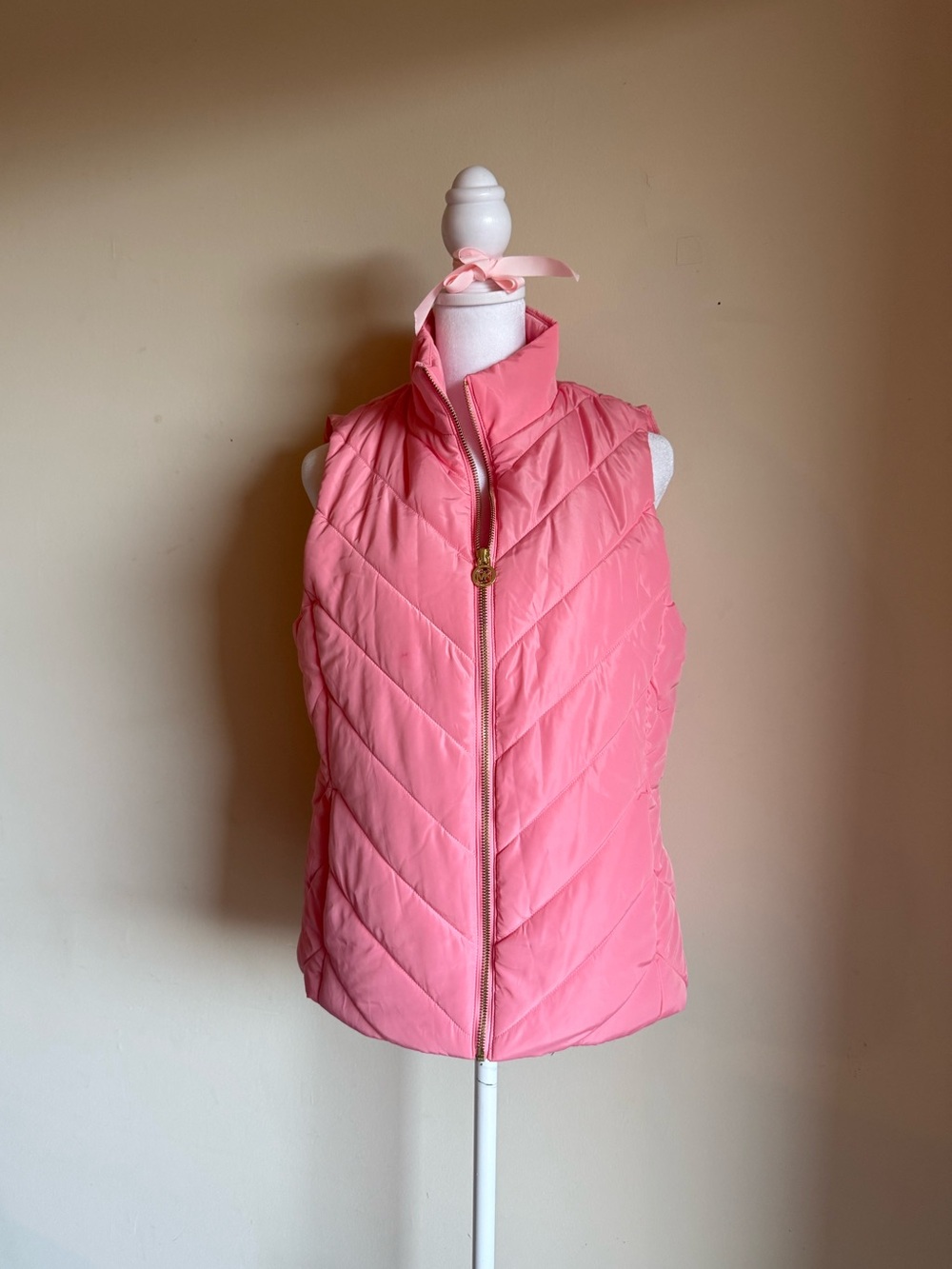Michael Kors Pink Quilted Sleeveless Vest with Gold Zip Pull